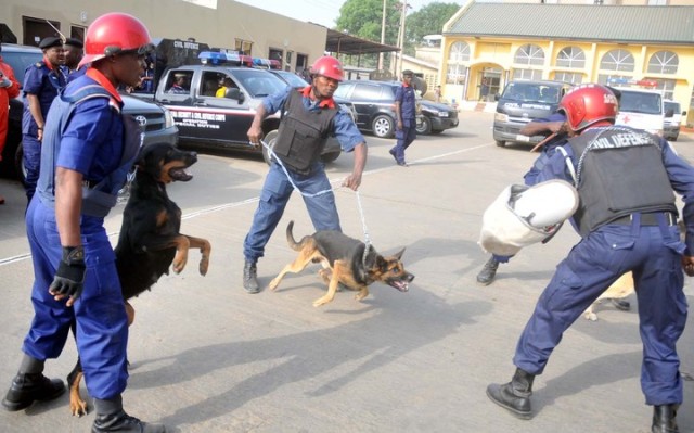 A K9 team of the Nigeria Security and Civil Defence Corps demonstrate their skills
